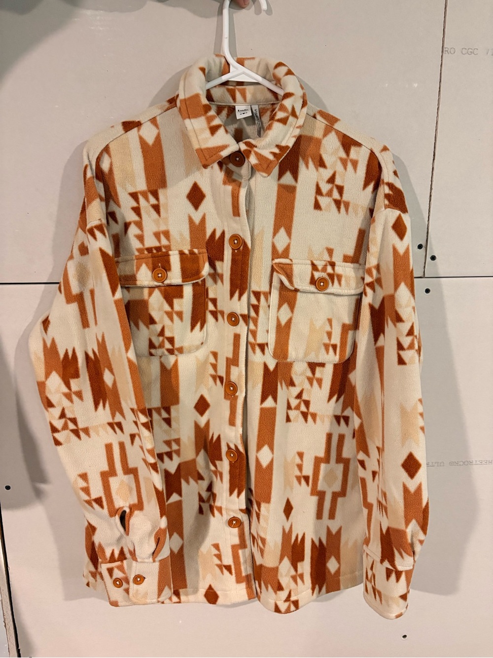 twik Aztec-Pattern Fleece Utility Jacket in Cream & Rust